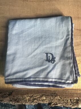 Vintage Christian Dior Square Scarf 18” Light Blue Navy Logo Embroidered